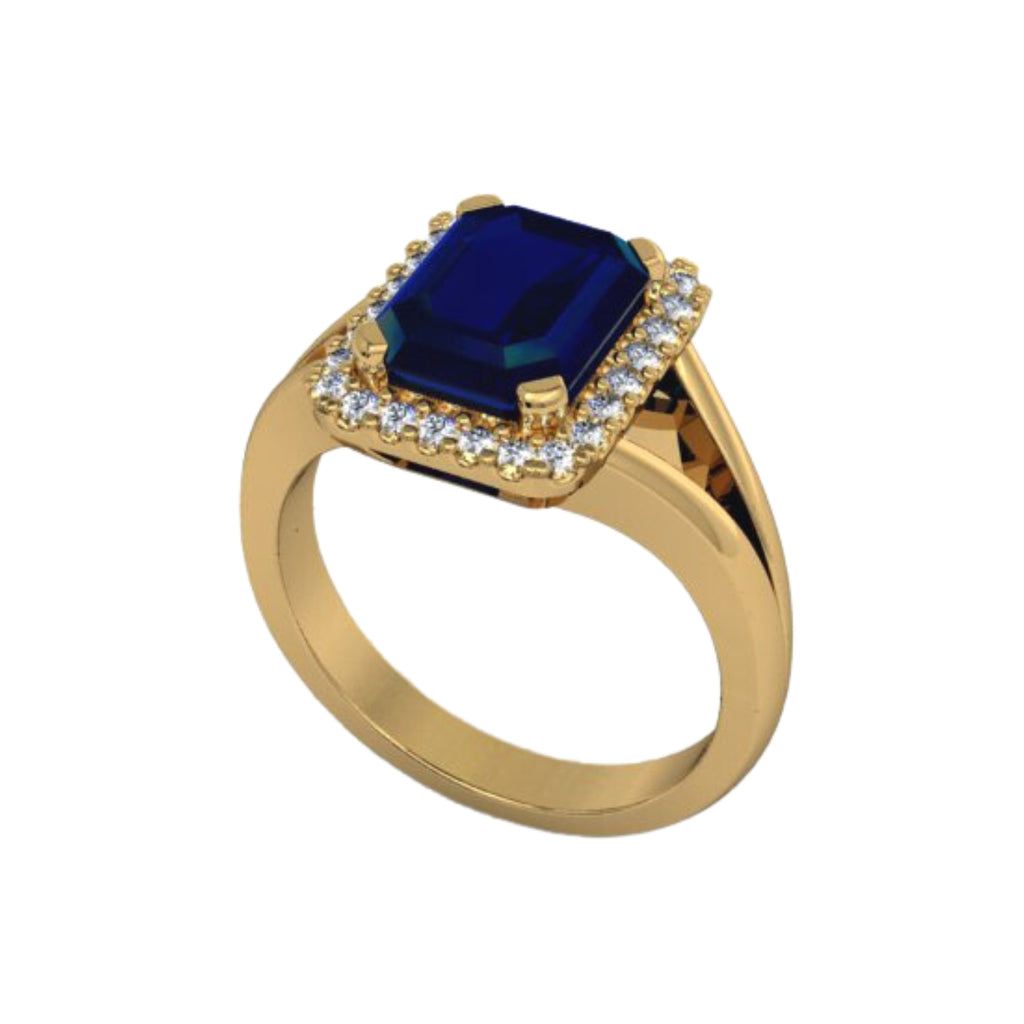 Platinum ring with emerald cut centre and 30 small diamonds