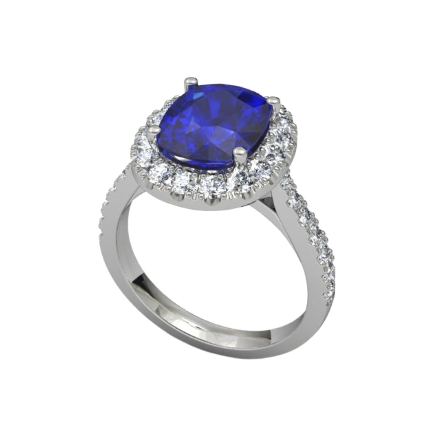 Platinum cushion cut sapphire with 30 small diamonds