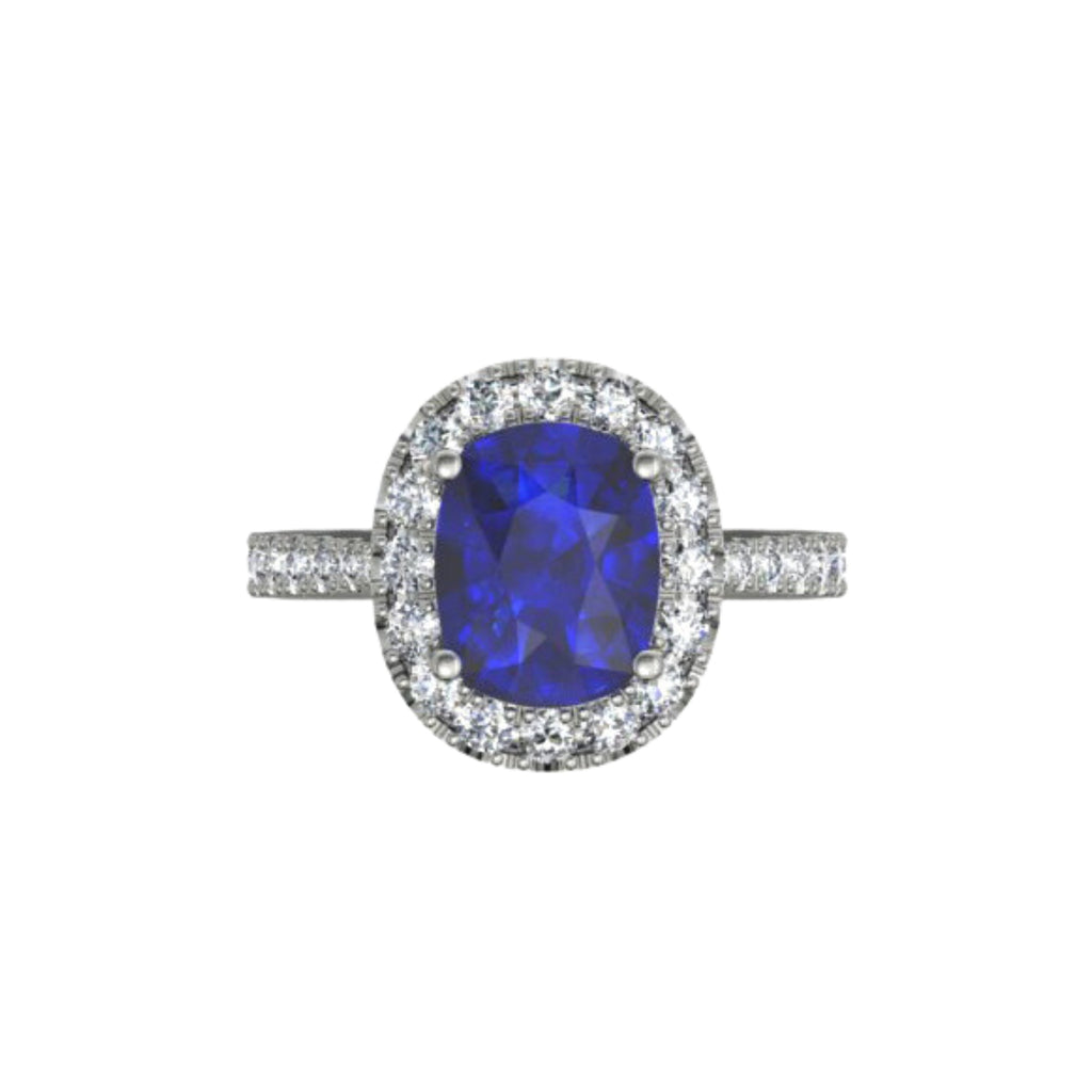 Platinum cushion cut sapphire with 30 small diamonds