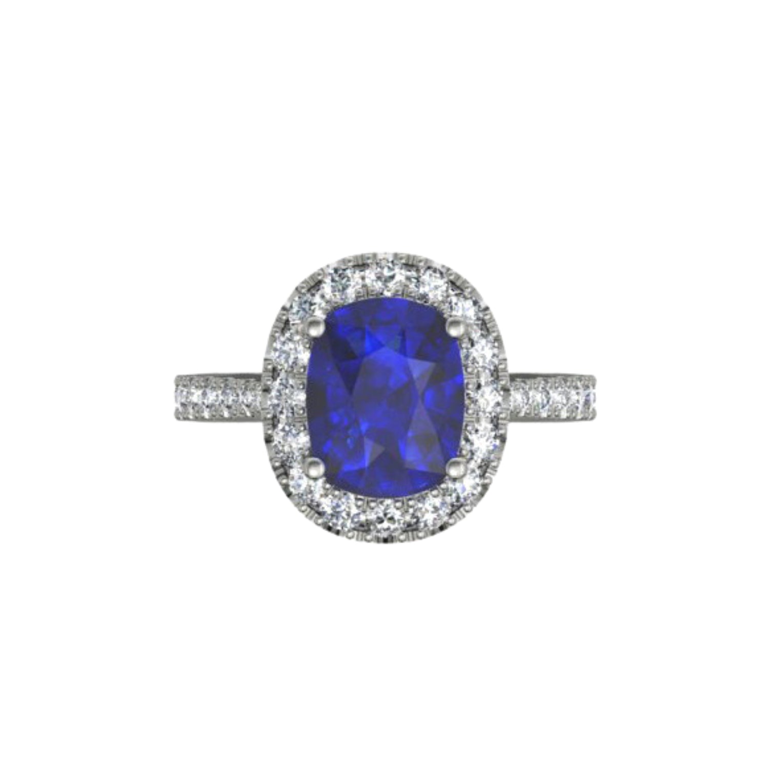 Platinum cushion cut sapphire with 30 small diamonds