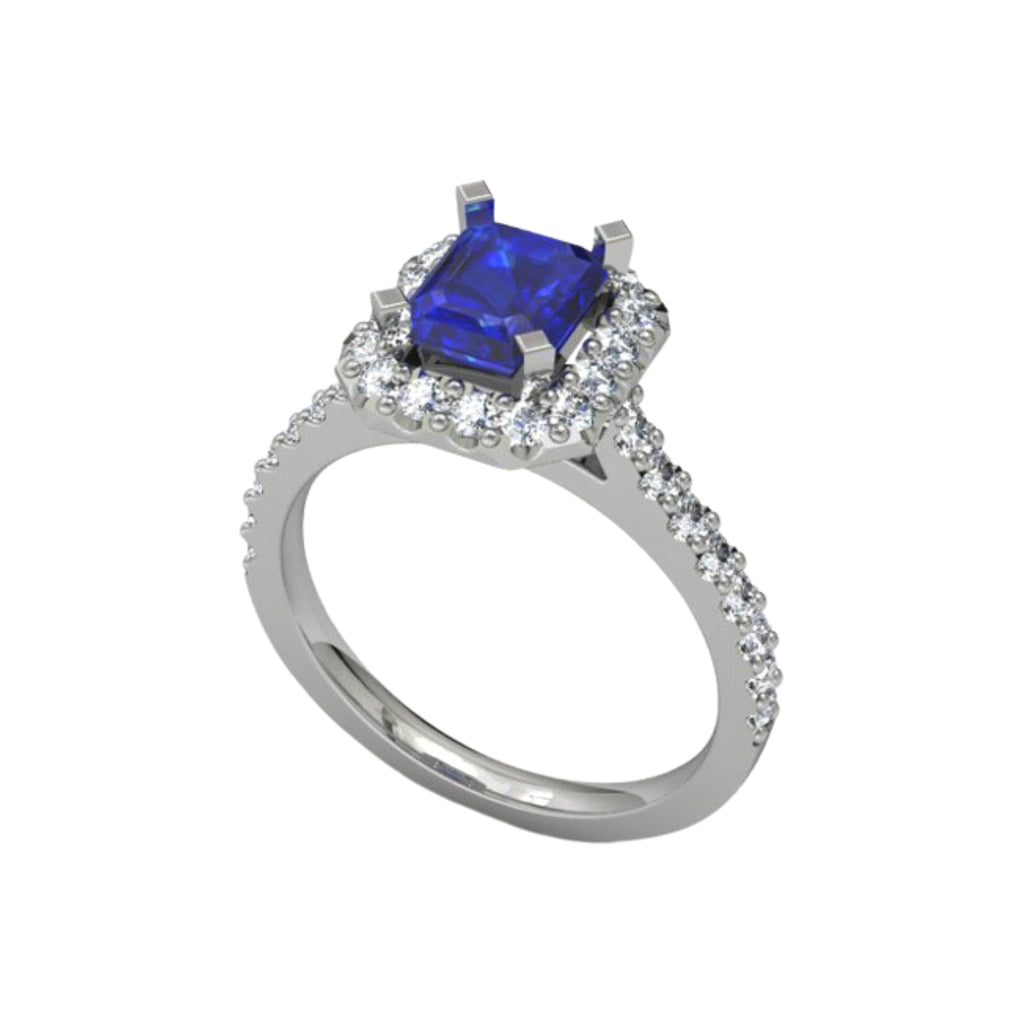 Platinum ring with emerald centre and 32 small round diamonds
