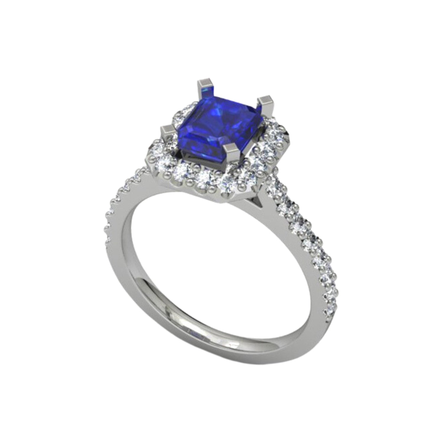Platinum ring with emerald centre and 32 small round diamonds